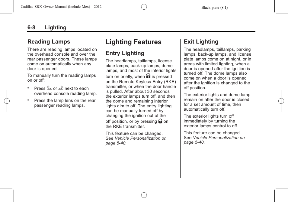 Reading lamps, Lighting features, Entry lighting | Exit lighting, Lighting features -8, Ride, Reading lamps -8, Entry lighting -8 exit lighting -8 | Cadillac 2012 SRX User Manual | Page 190 / 512