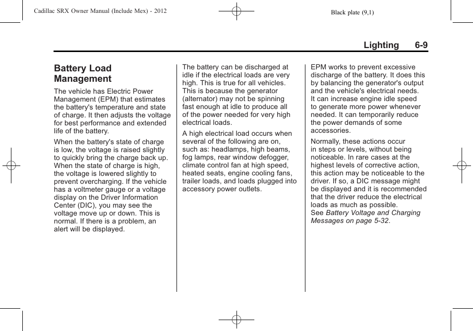 Battery load management, Battery load management -9 | Cadillac 2012 SRX User Manual | Page 191 / 512