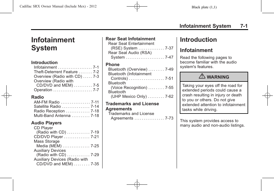 Infotainment system, Introduction, Infotainment | Infotainment system -1, Introduction -1, Fuel | Cadillac 2012 SRX User Manual | Page 193 / 512