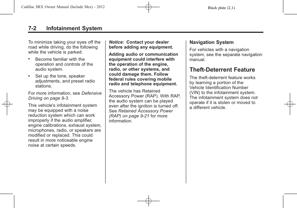 Theft-deterrent feature, Theft-deterrent feature -2, 2 infotainment system | Cadillac 2012 SRX User Manual | Page 194 / 512