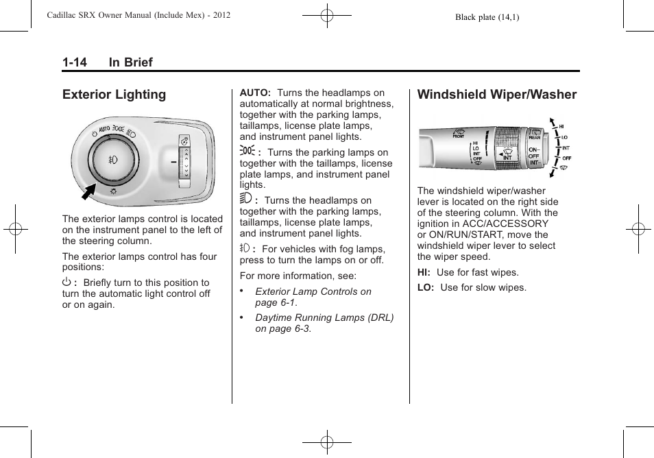 Exterior lighting, Windshield wiper/washer, Exterior lighting -14 windshield wiper/washer -14 | Performance | Cadillac 2012 SRX User Manual | Page 20 / 512