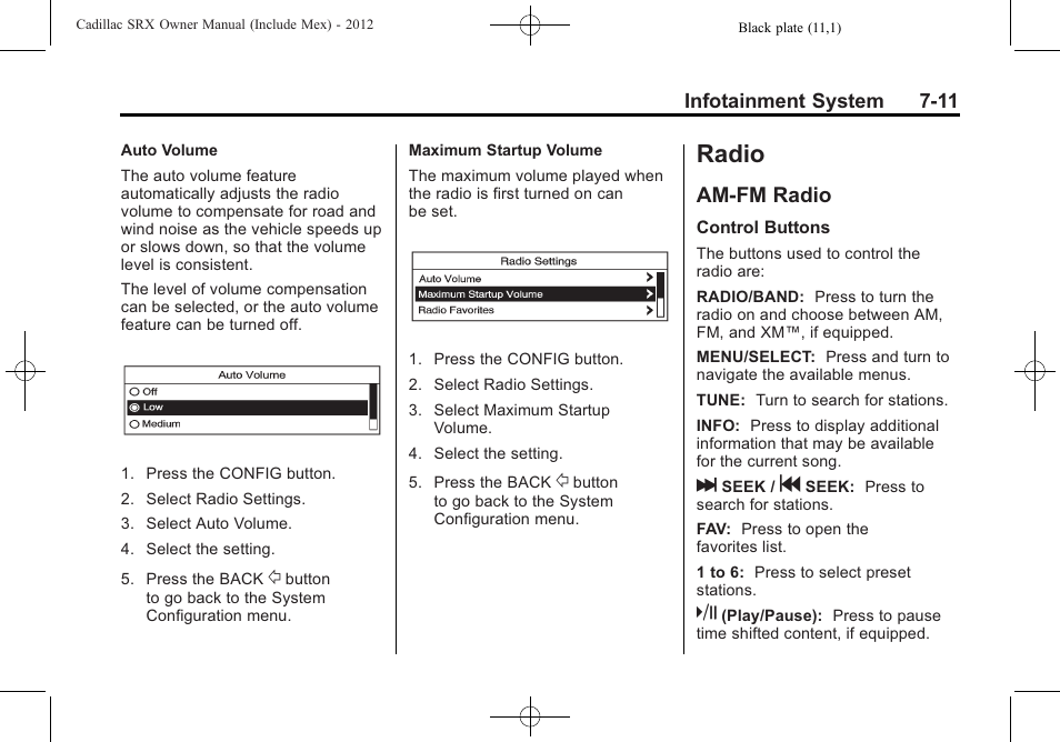 Radio, Am-fm radio, Radio -11 | Towing -52, Am-fm radio -11, Trademarks | Cadillac 2012 SRX User Manual | Page 203 / 512