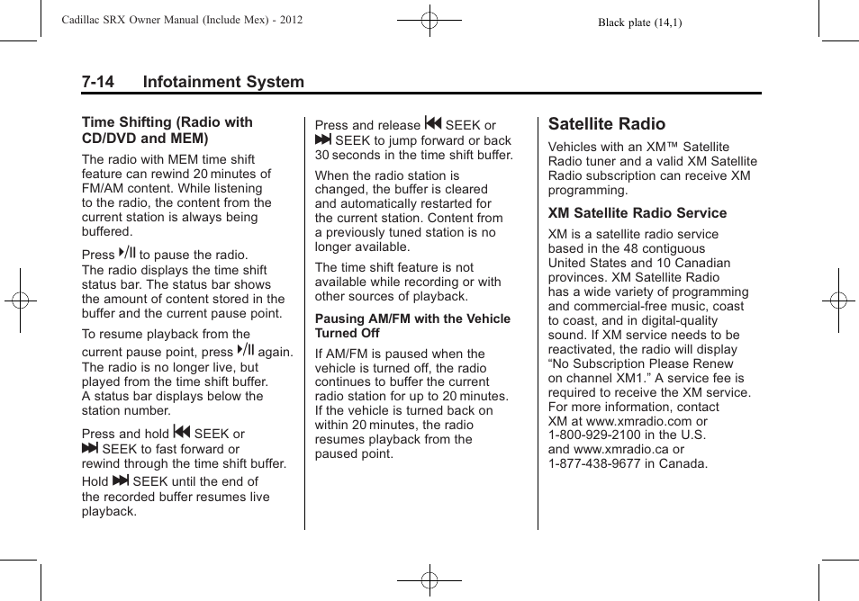 Satellite radio, Satellite radio -14 | Cadillac 2012 SRX User Manual | Page 206 / 512