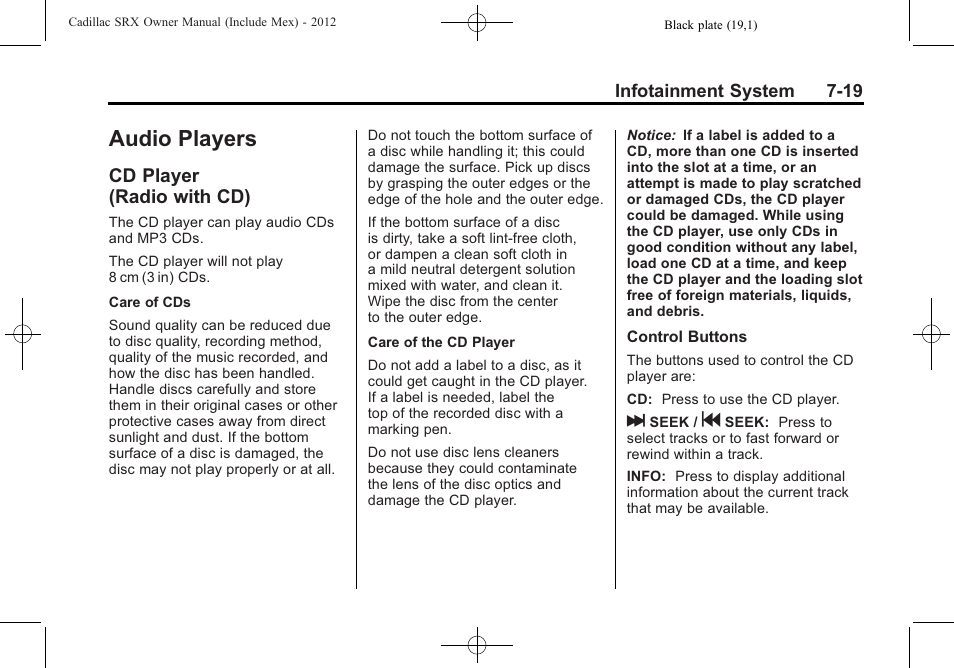 Audio players, Cd player (radio with cd), Conversions and add-ons -61 | Cd player, Radio with cd) -19 | Cadillac 2012 SRX User Manual | Page 211 / 512