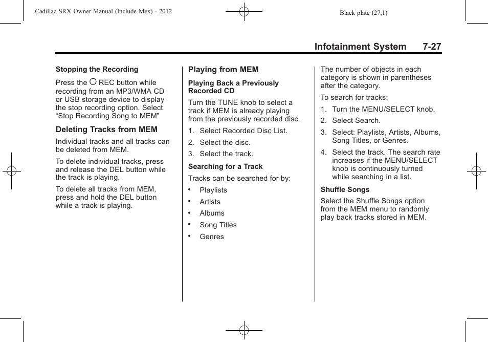 Infotainment system 7-27 | Cadillac 2012 SRX User Manual | Page 219 / 512