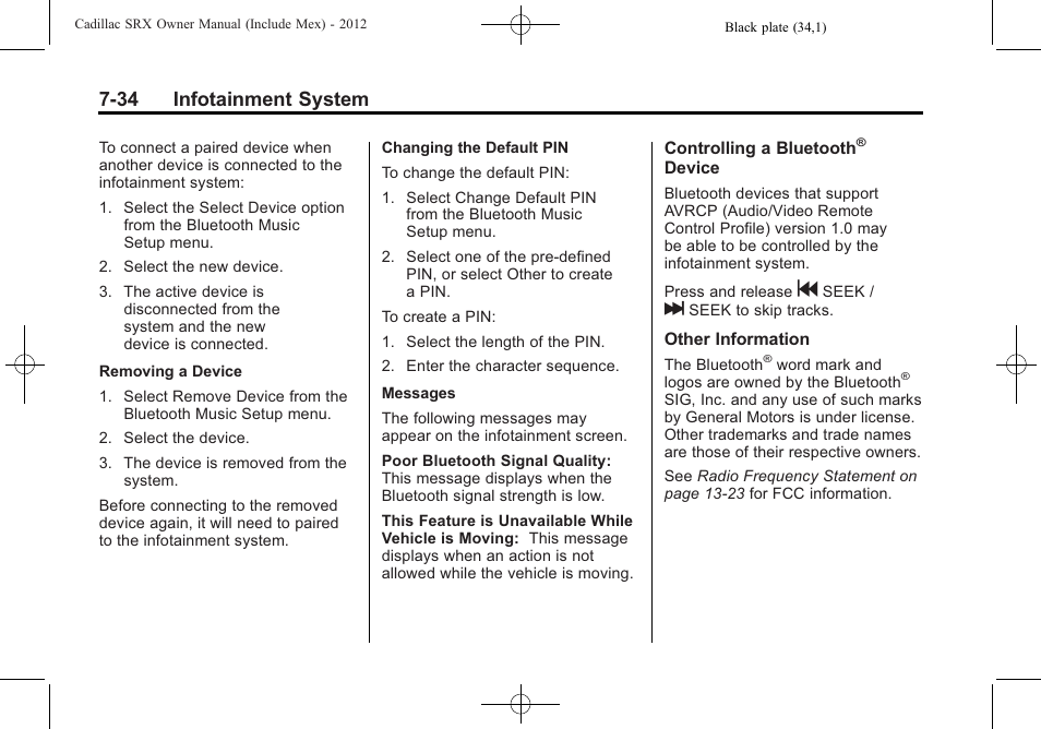 34 infotainment system | Cadillac 2012 SRX User Manual | Page 226 / 512