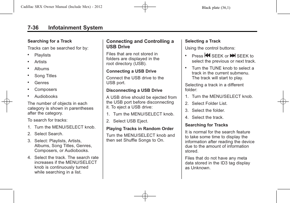 36 infotainment system | Cadillac 2012 SRX User Manual | Page 228 / 512