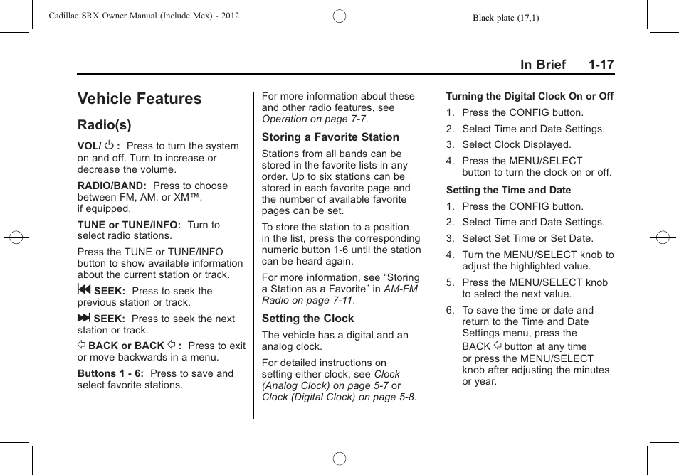 Vehicle features, Radio(s), Vehicle features -17 | Roof rack system -1, Radio(s) -17 | Cadillac 2012 SRX User Manual | Page 23 / 512