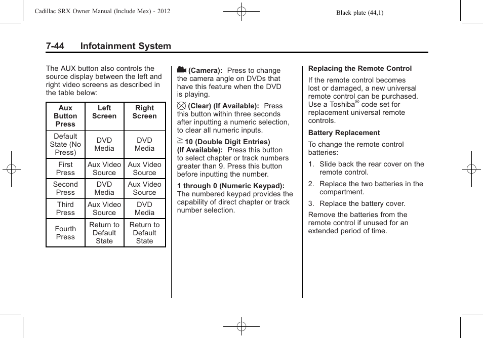 44 infotainment system | Cadillac 2012 SRX User Manual | Page 236 / 512