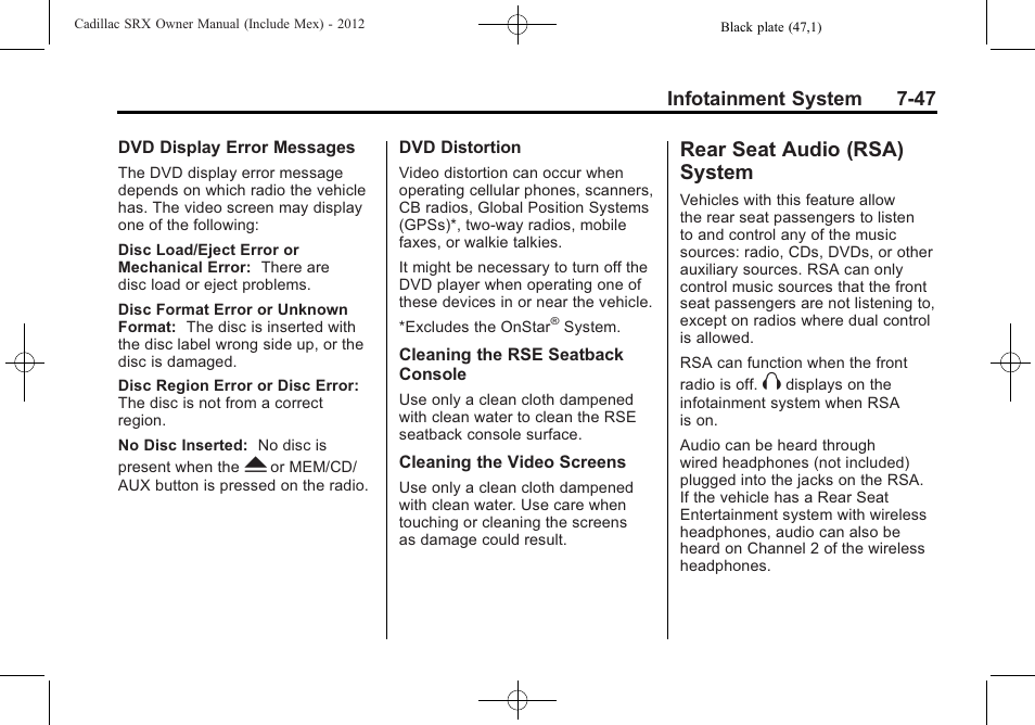 Rear seat audio (rsa) system, Rear seat audio (rsa), System -47 | Cadillac 2012 SRX User Manual | Page 239 / 512