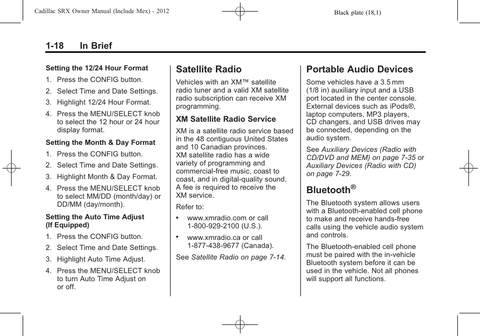 Satellite radio, Portable audio devices, Bluetooth | Radio -18 portable audio devices -18 bluetooth, 18 in brief | Cadillac 2012 SRX User Manual | Page 24 / 512