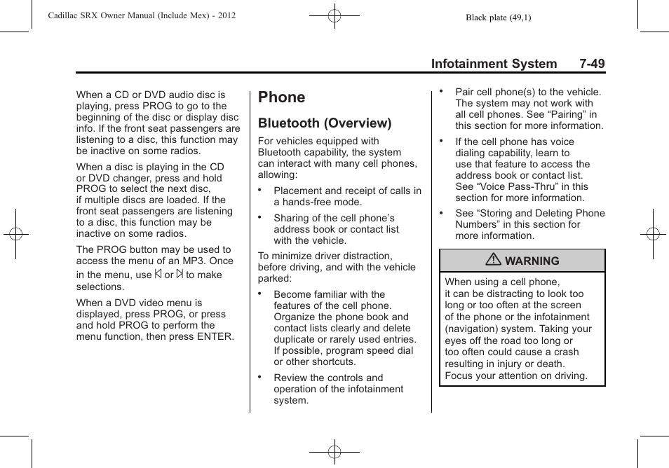 Phone, Bluetooth (overview), Bluetooth (overview) -49 | Infotainment system 7-49 | Cadillac 2012 SRX User Manual | Page 241 / 512