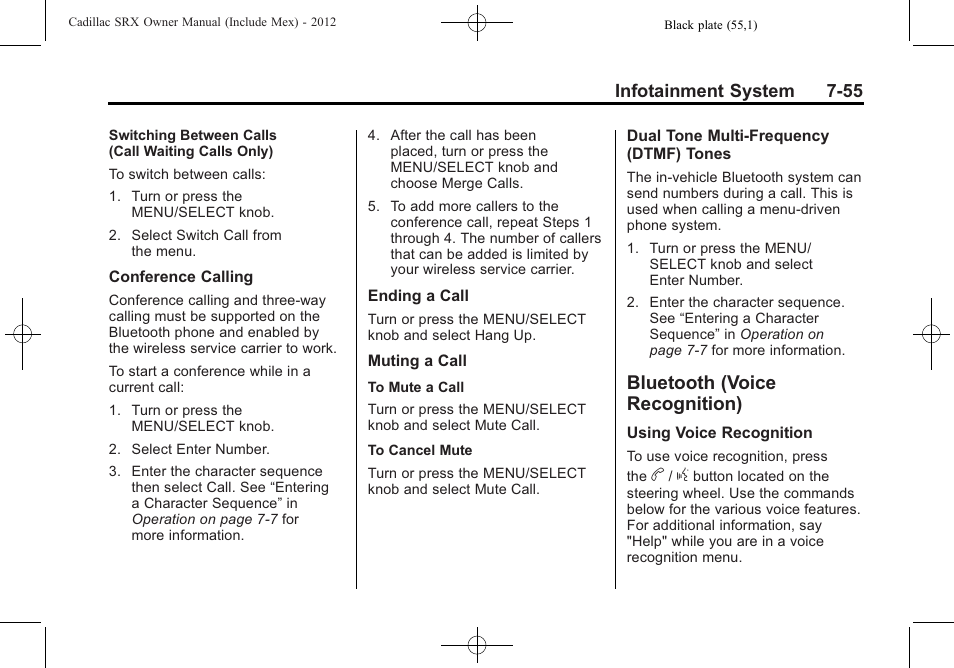 Bluetooth (voice recognition), Bluetooth, Voice recognition) -55 | Taking your eyes off the road | Cadillac 2012 SRX User Manual | Page 247 / 512
