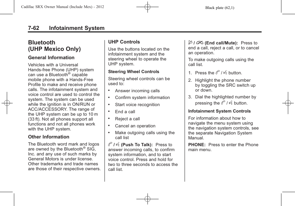 Bluetooth (uhp mexico only), Bluetooth, Uhp mexico only) -62 | Crash resulting, 62 infotainment system | Cadillac 2012 SRX User Manual | Page 254 / 512