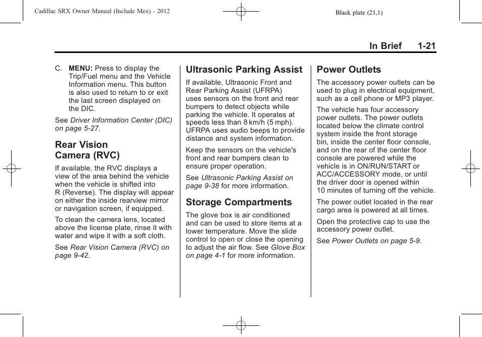 Rear vision camera (rvc), Ultrasonic parking assist, Storage compartments | Power outlets, Vision, Camera (rvc) -21 | Cadillac 2012 SRX User Manual | Page 27 / 512