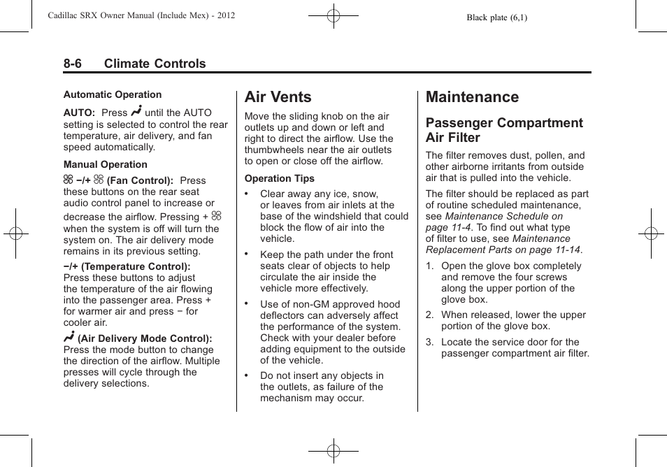 Air vents, Maintenance, Passenger compartment air filter | Air vents -6, Passenger compartment air, Filter -6 | Cadillac 2012 SRX User Manual | Page 276 / 512