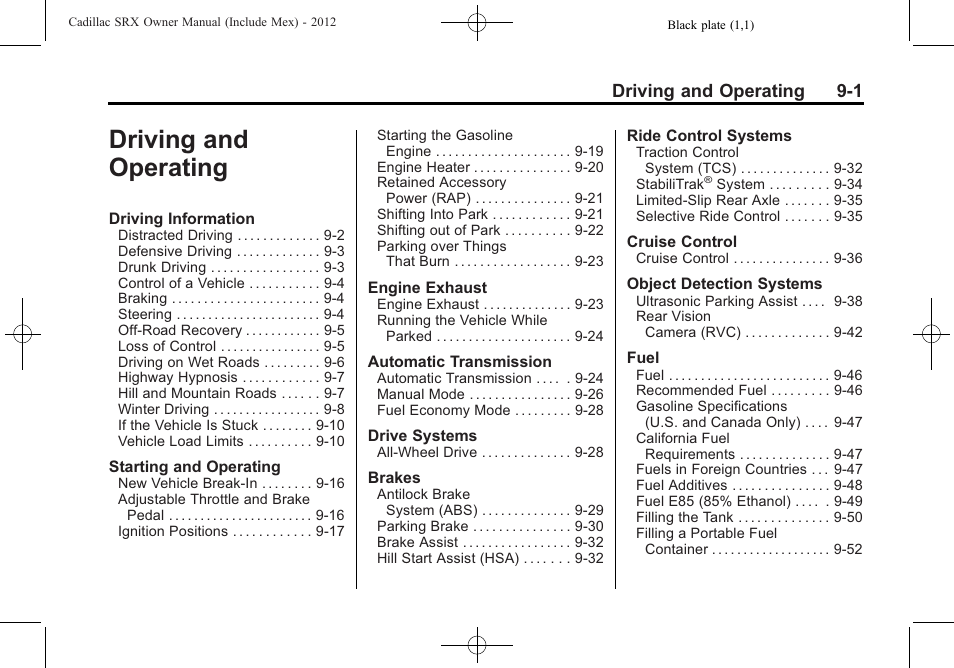 Driving and operating, Driving and operating 9-1 | Cadillac 2012 SRX User Manual | Page 279 / 512