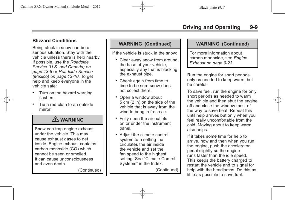 Driving and operating 9-9 | Cadillac 2012 SRX User Manual | Page 287 / 512