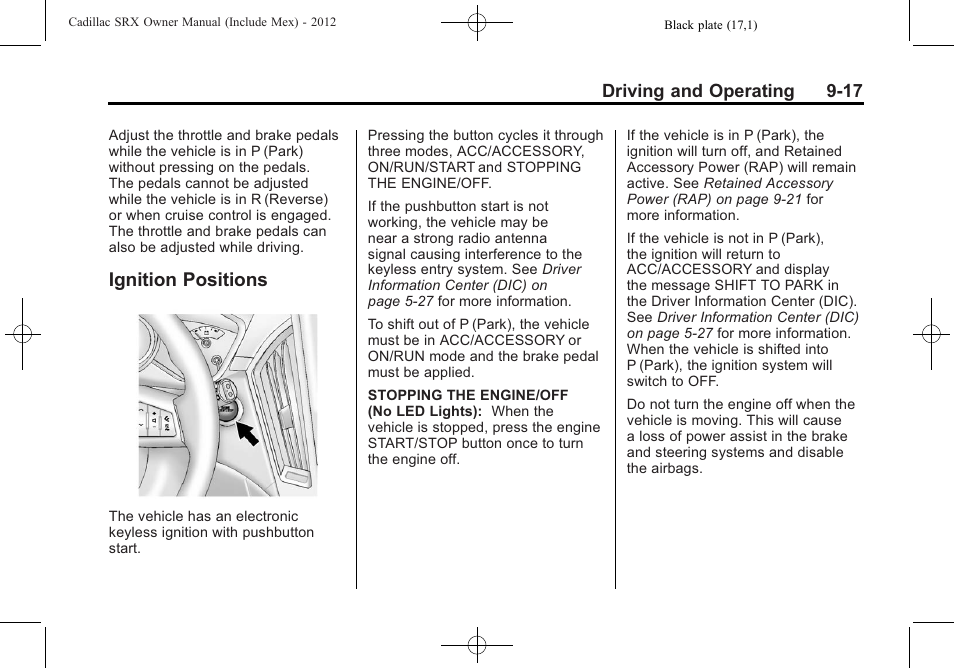 Ignition positions, Ignition, Ignition positions -17 | Cadillac 2012 SRX User Manual | Page 295 / 512