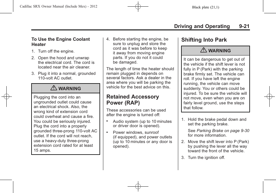 Retained accessory power (rap), Shifting into park, Retained accessory | Power (rap) -21, Shifting into park -21, Selective | Cadillac 2012 SRX User Manual | Page 299 / 512