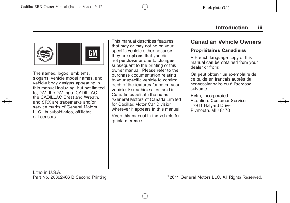 Introduction, Canadian vehicle owners, Introduction iii | Cadillac 2012 SRX User Manual | Page 3 / 512