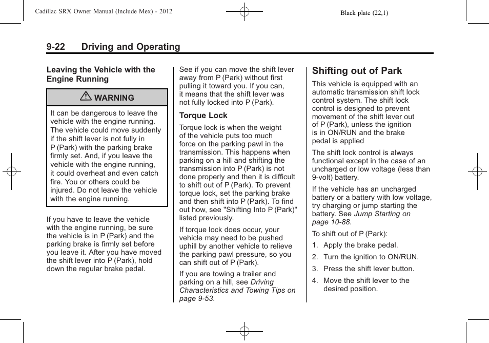 Shifting out of park, Shifting out of park -22 | Cadillac 2012 SRX User Manual | Page 300 / 512