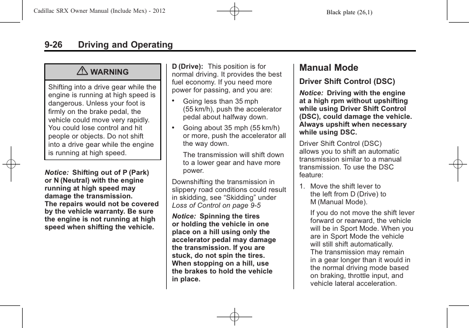 Manual mode, Manual mode -26, 26 driving and operating | Cadillac 2012 SRX User Manual | Page 304 / 512