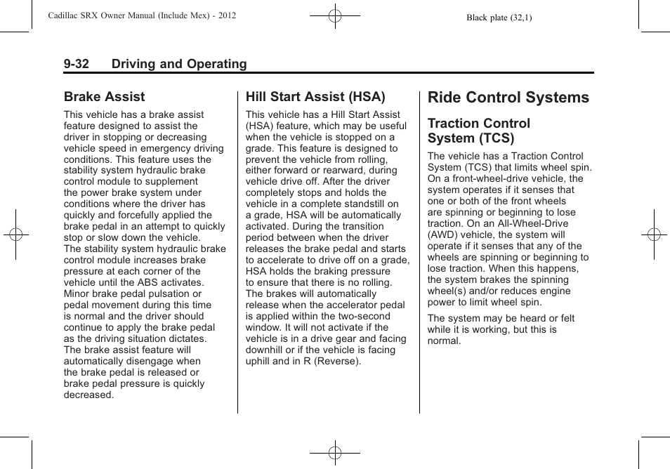 Brake assist, Hill start assist (hsa), Ride control systems | Traction control system (tcs), Control systems -32, Brake assist -32 hill start assist (hsa) -32, Traction control, System (tcs) -32 | Cadillac 2012 SRX User Manual | Page 310 / 512