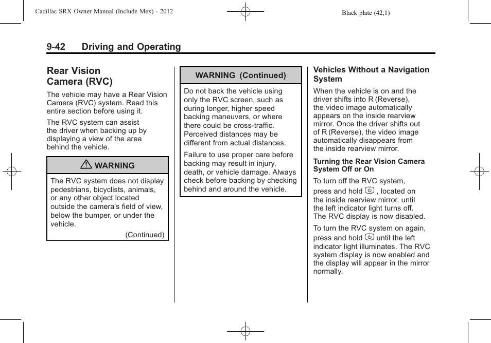 Rear vision camera (rvc), Rear vision, Camera (rvc) -42 | Cadillac 2012 SRX User Manual | Page 320 / 512