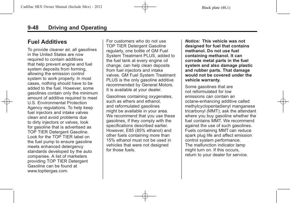 Fuel additives, Fuel additives -48 | Cadillac 2012 SRX User Manual | Page 326 / 512