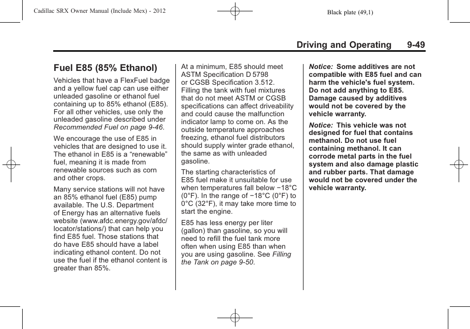 Fuel e85 (85% ethanol), Fuel e85 (85% ethanol) -49 | Cadillac 2012 SRX User Manual | Page 327 / 512