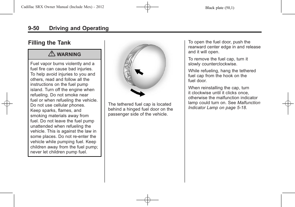 Filling the tank, The tank -50 | Cadillac 2012 SRX User Manual | Page 328 / 512