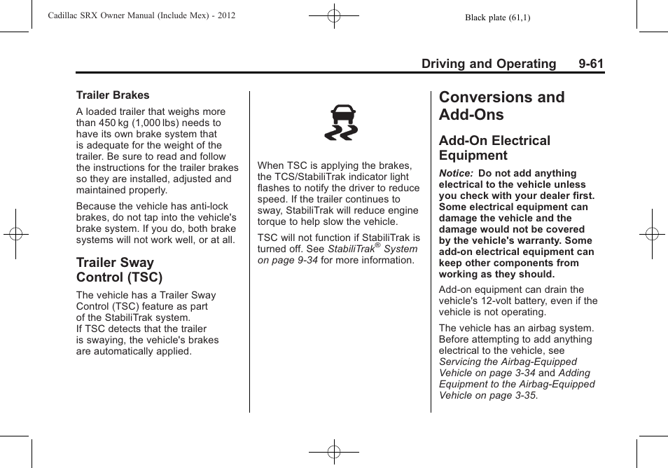 Trailer sway control (tsc), Conversions and add-ons, Add-on electrical equipment | Trailer sway, Control (tsc) -61, Add-on electrical, Equipment -61 | Cadillac 2012 SRX User Manual | Page 339 / 512