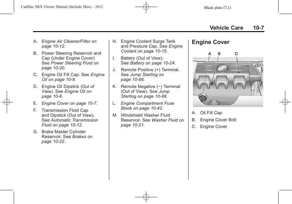 Engine cover, Engine cover -7, Vehicle care 10-7 | Cadillac 2012 SRX User Manual | Page 347 / 512