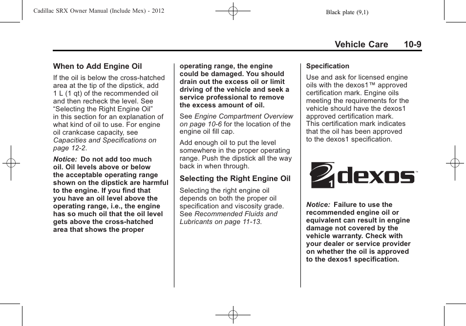 Vehicle care 10-9 | Cadillac 2012 SRX User Manual | Page 349 / 512