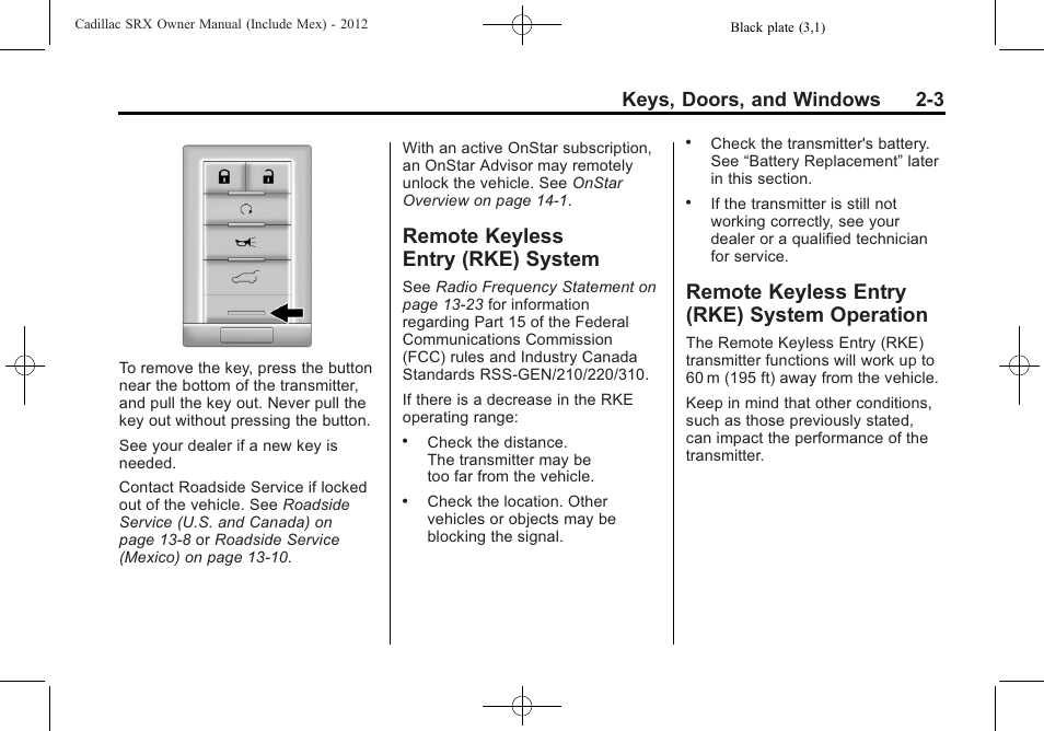 Remote keyless entry (rke) system, Remote keyless entry (rke) system operation, Remote keyless entry (rke) | System -3, System operation -3, Power, Keys, doors, and windows 2-3 | Cadillac 2012 SRX User Manual | Page 35 / 512