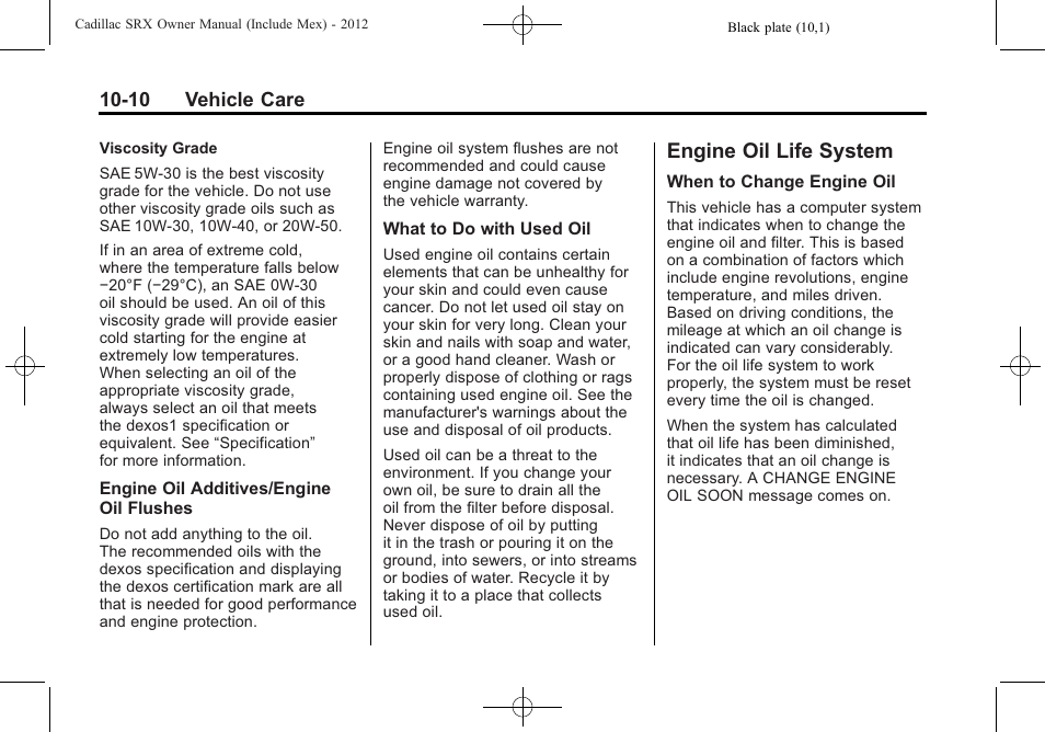 Engine oil life system, Engine oil life system -10, Headlamp | Cadillac 2012 SRX User Manual | Page 350 / 512