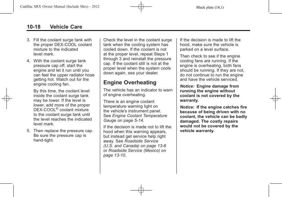 Engine overheating, Engine overheating -18, Headlamps | 18 vehicle care | Cadillac 2012 SRX User Manual | Page 358 / 512