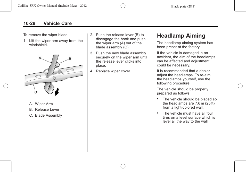 Headlamp aiming, Headlamp aiming -28, 28 vehicle care | Cadillac 2012 SRX User Manual | Page 368 / 512