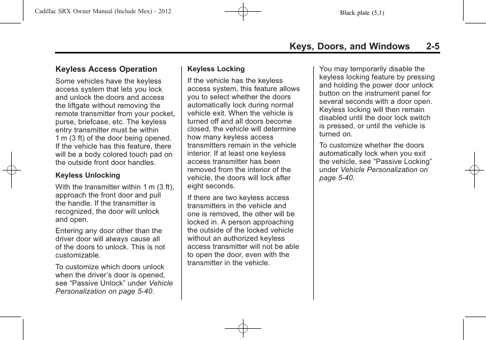 Keys, doors, and windows 2-5 | Cadillac 2012 SRX User Manual | Page 37 / 512