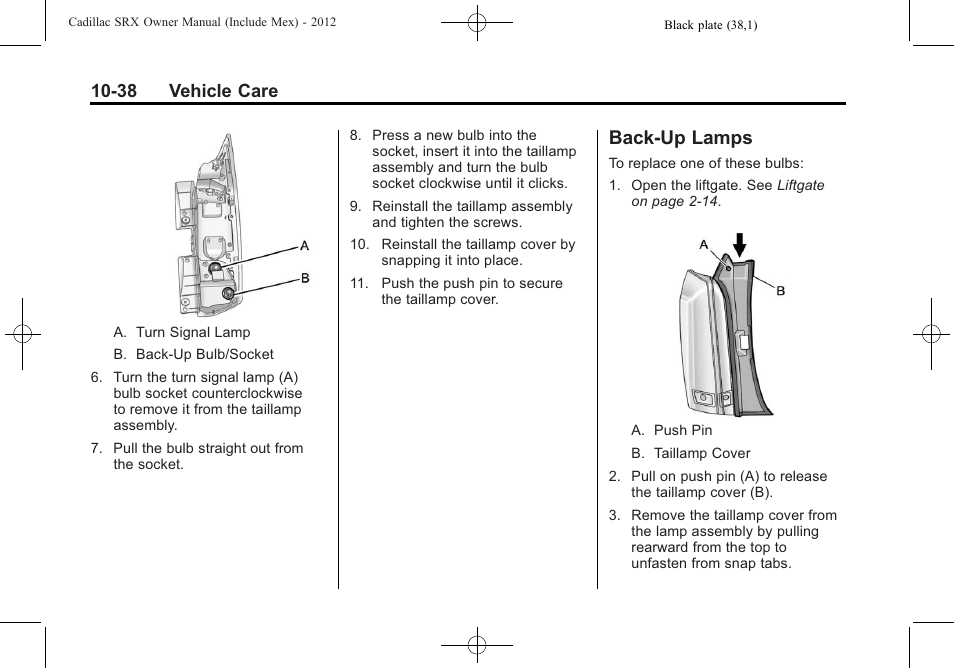 Back-up lamps, Lamps -38, 38 vehicle care | Cadillac 2012 SRX User Manual | Page 378 / 512