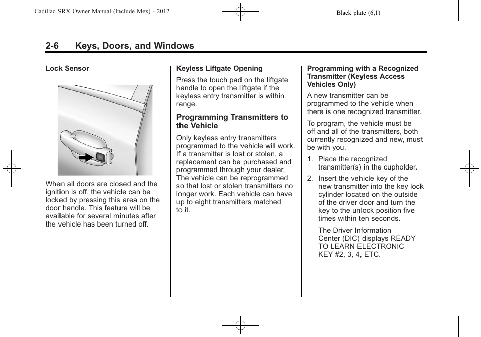 6 keys, doors, and windows | Cadillac 2012 SRX User Manual | Page 38 / 512