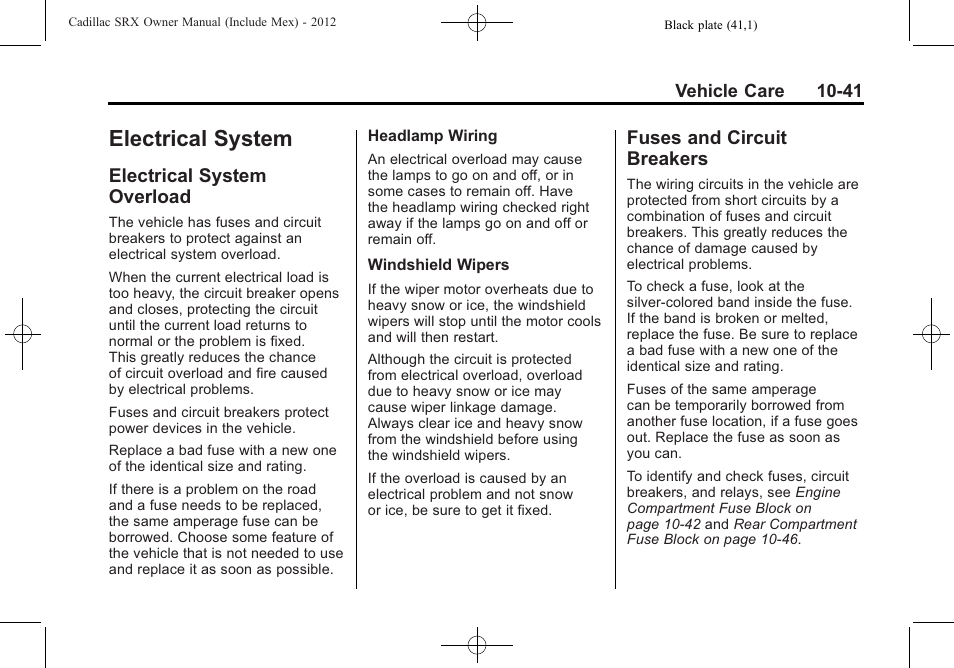 Electrical system, Electrical system overload, Fuses and circuit breakers | Electrical system -41, Special application, Overload -41, Fuses and circuit, Breakers -41 | Cadillac 2012 SRX User Manual | Page 381 / 512