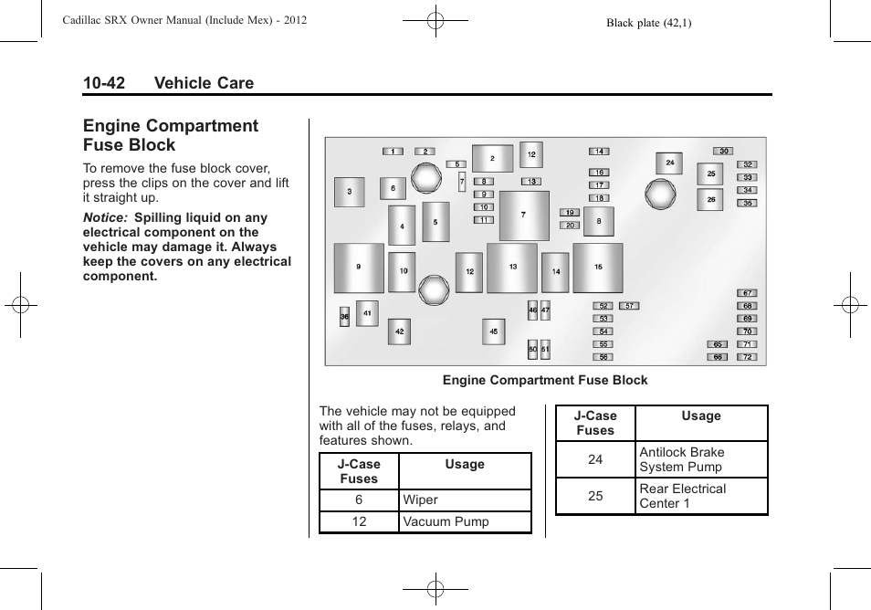 Engine compartment fuse block, Engine compartment fuse, Block -42 | 42 vehicle care | Cadillac 2012 SRX User Manual | Page 382 / 512