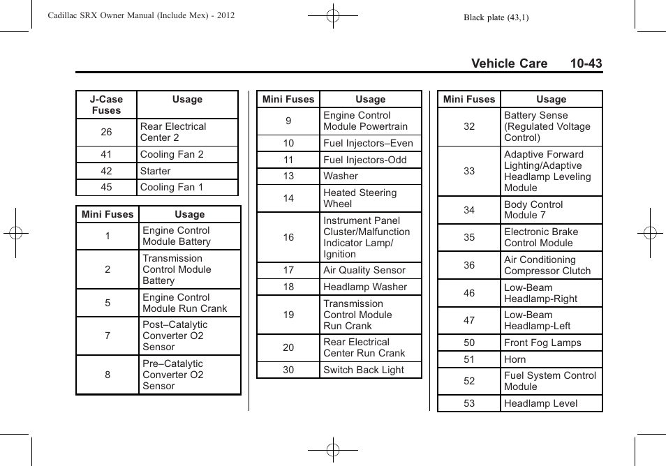 Vehicle care 10-43 | Cadillac 2012 SRX User Manual | Page 383 / 512