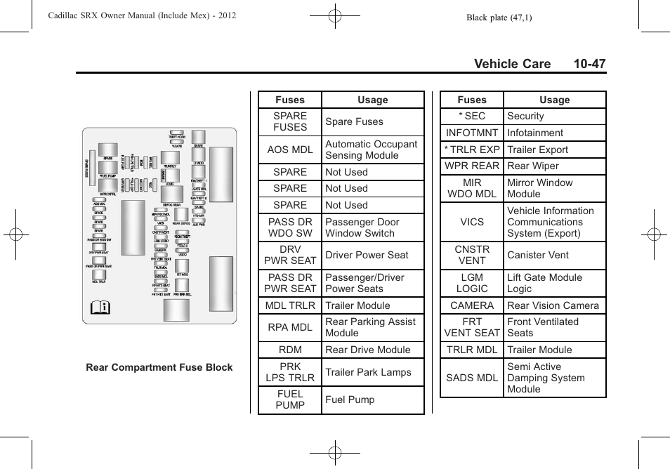 Vehicle care 10-47 | Cadillac 2012 SRX User Manual | Page 387 / 512