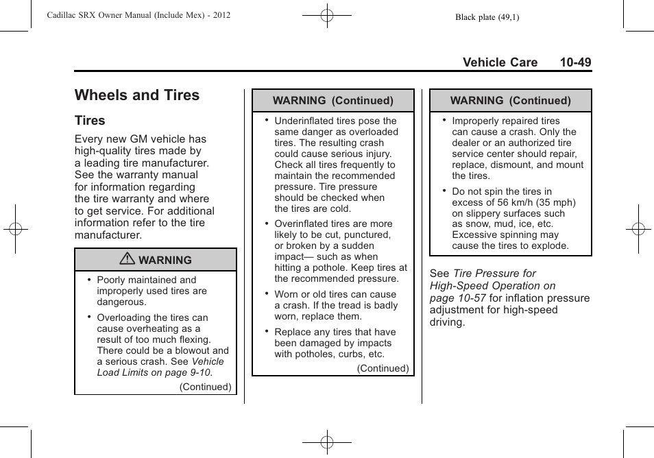 Wheels and tires, Tires, Wheels and tires -49 | Services -9, Reporting safety defects -19, Tires -49, Vehicle care 10-49 | Cadillac 2012 SRX User Manual | Page 389 / 512