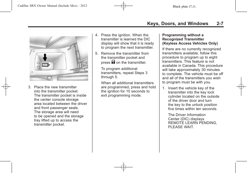 Keys, doors, and windows 2-7 | Cadillac 2012 SRX User Manual | Page 39 / 512