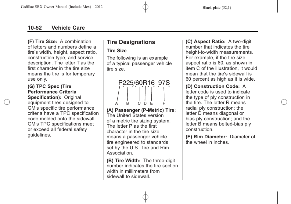 Tire designations, Tire designations -52 | Cadillac 2012 SRX User Manual | Page 392 / 512