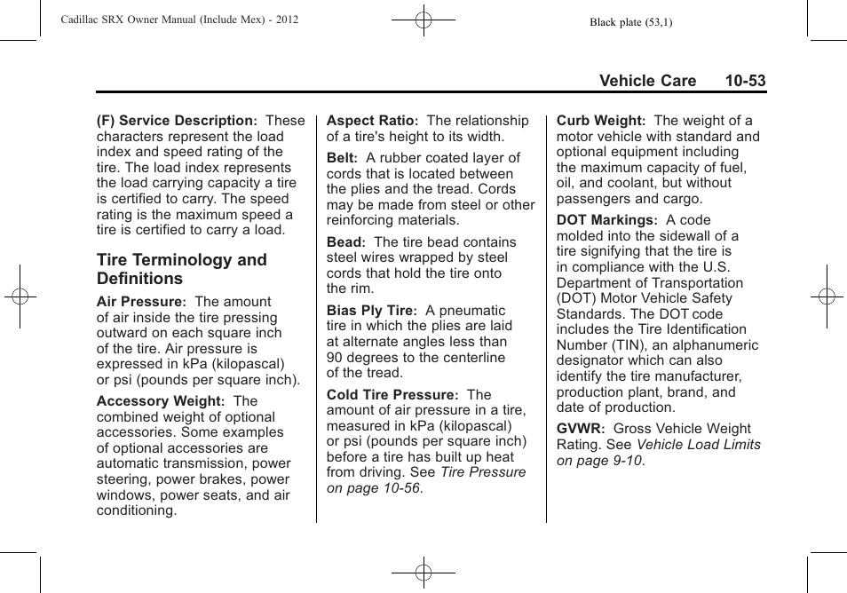 Tire terminology and definitions, Tire terminology and, Definitions -53 | Cadillac 2012 SRX User Manual | Page 393 / 512